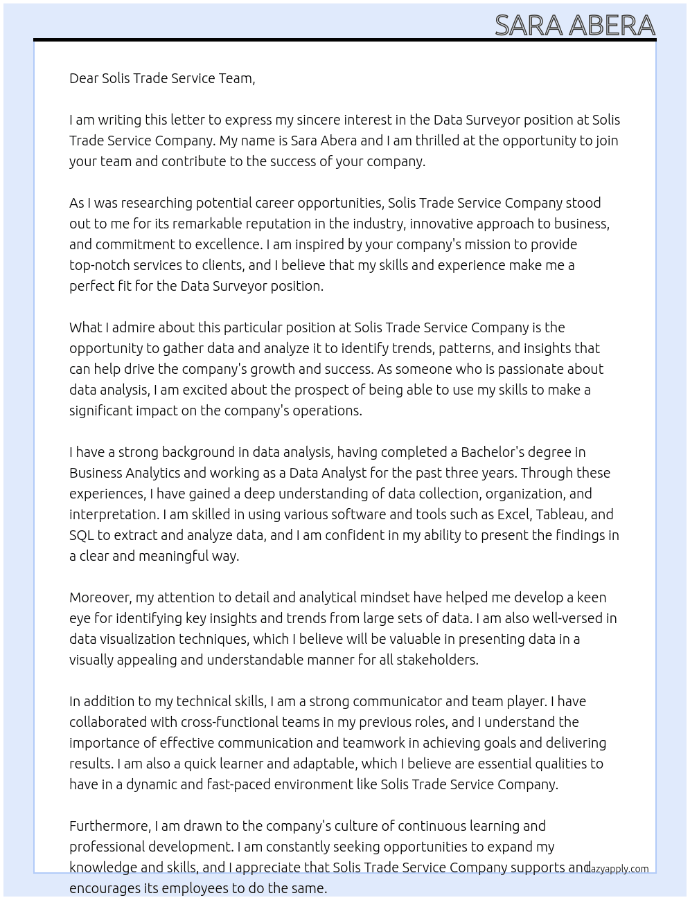 Data surveyer At Solis Trade service company Cover Letter