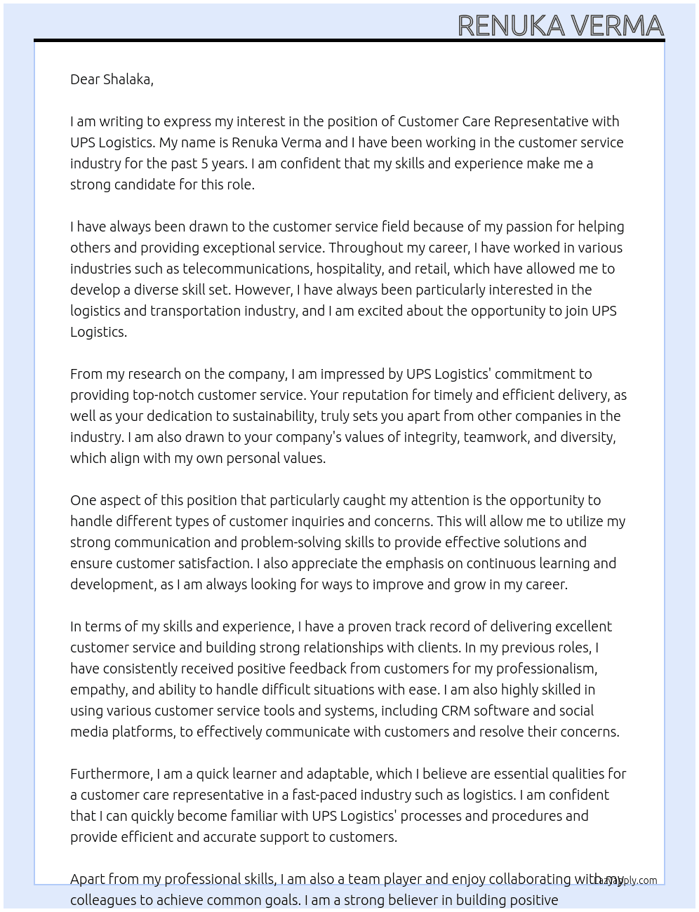 Customer Care RERESENTATIVE At UPS Logistics Cover Letter