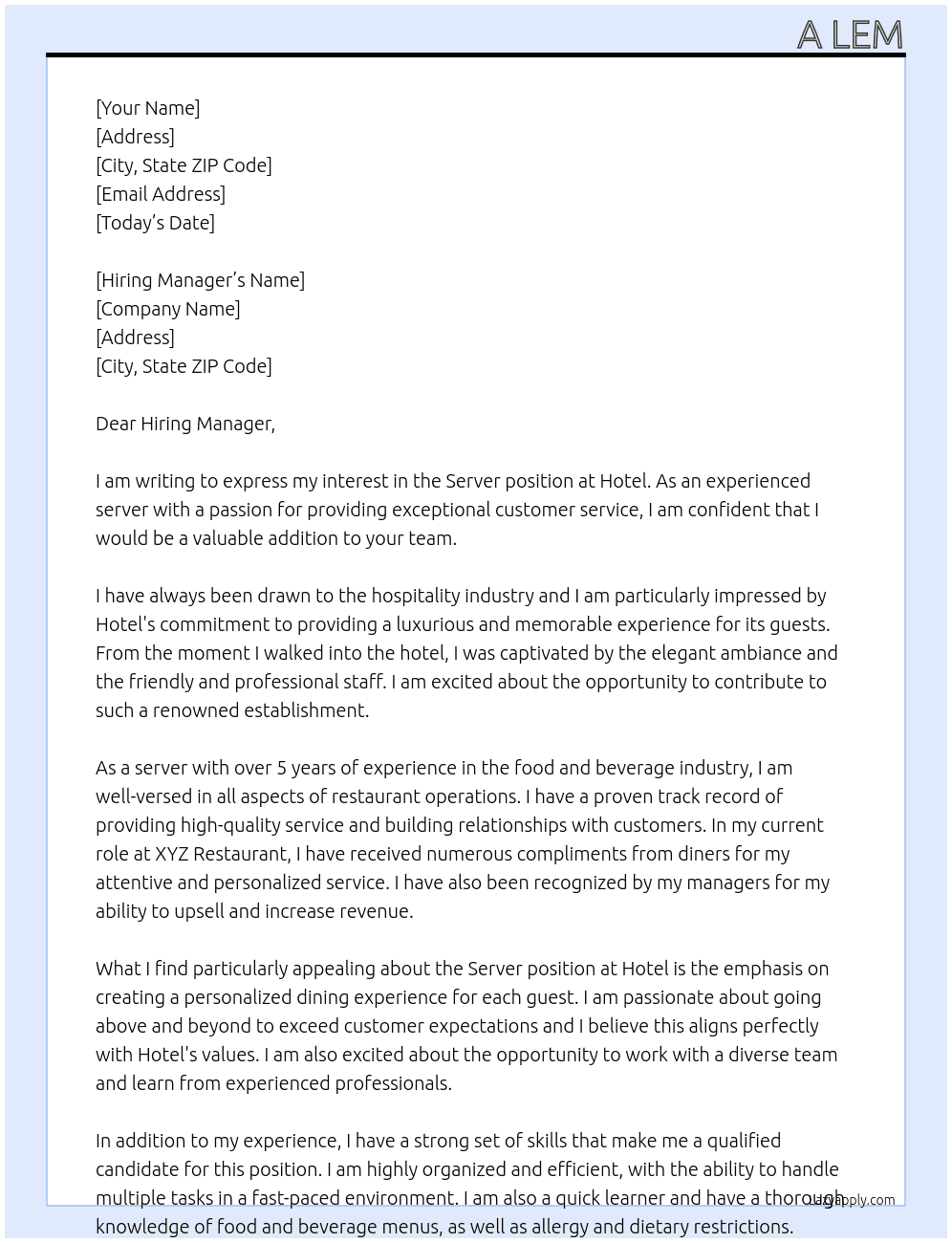 Server At Hotel Cover Letter