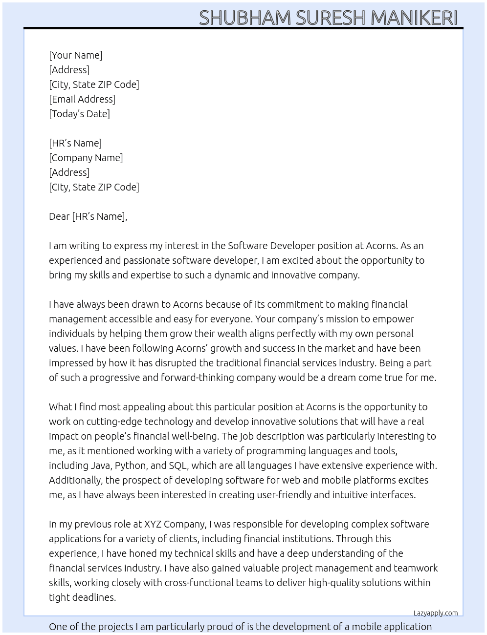 Software Developer At Acorns Cover Letter