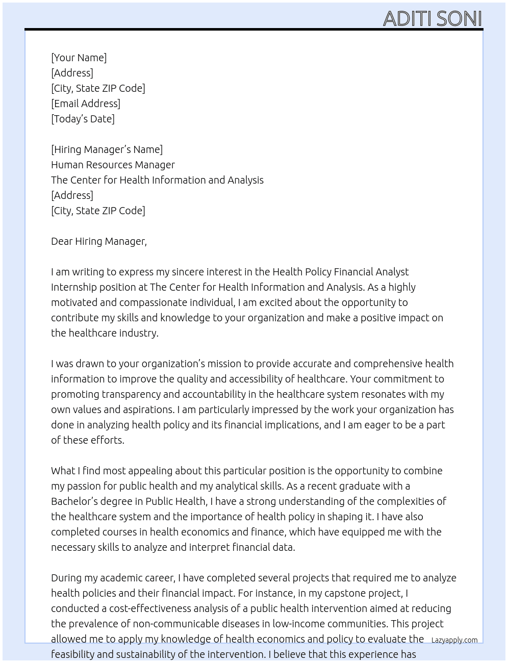 Cover letter for health policy financial analyst internship - LazyApply