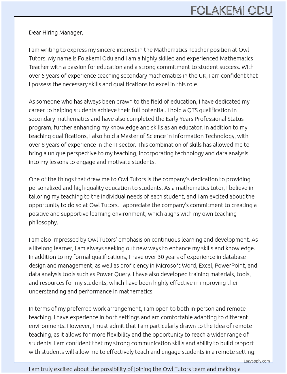 Mathematics Teacher At Owl Tutors Cover Letter