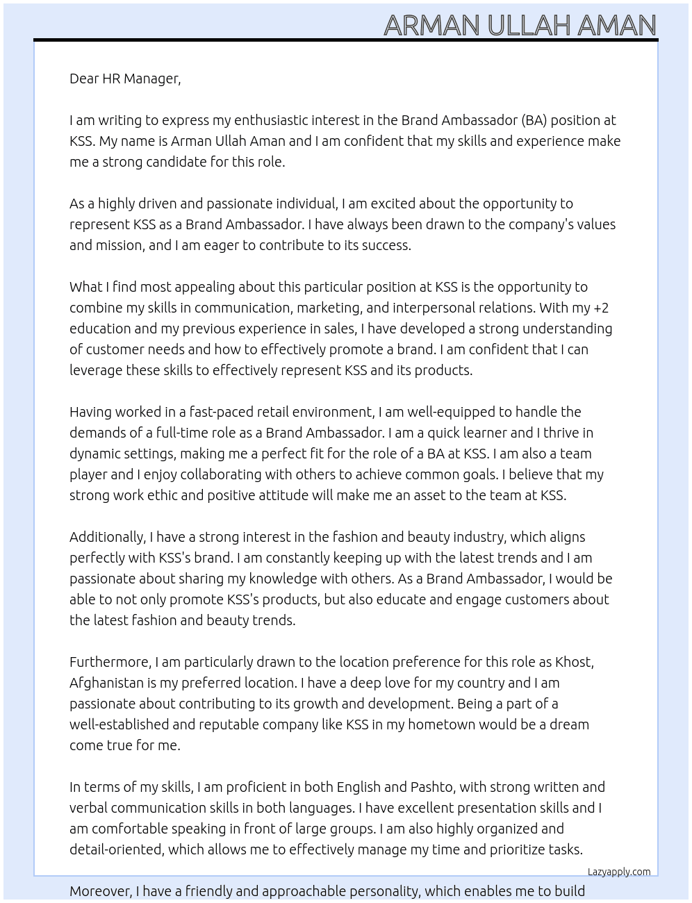 Brand Ambassador (BA) At (KSS) Cover Letter
