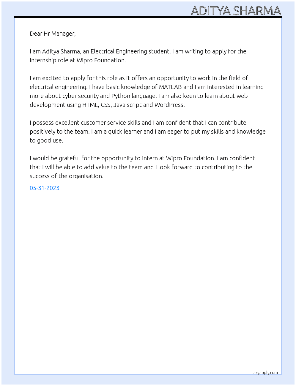 Electrical Engineering At Wipro foundation Cover Letter