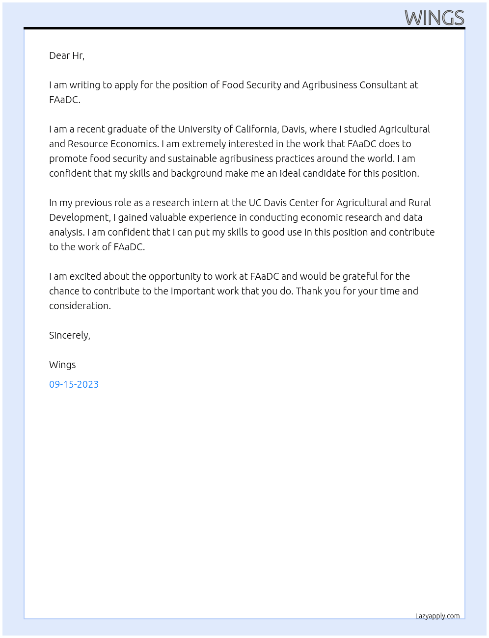 Food Security and Agribusiness Consultant  At FAaDC Cover Letter