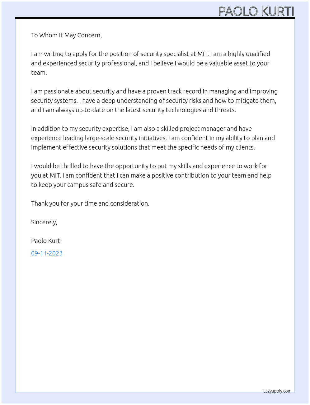security specialist At MIT Cover Letter