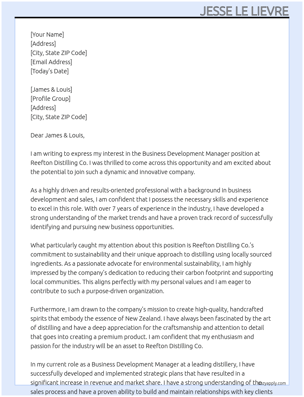 Business Development Manager At Reefton Distilling Co. Cover Letter