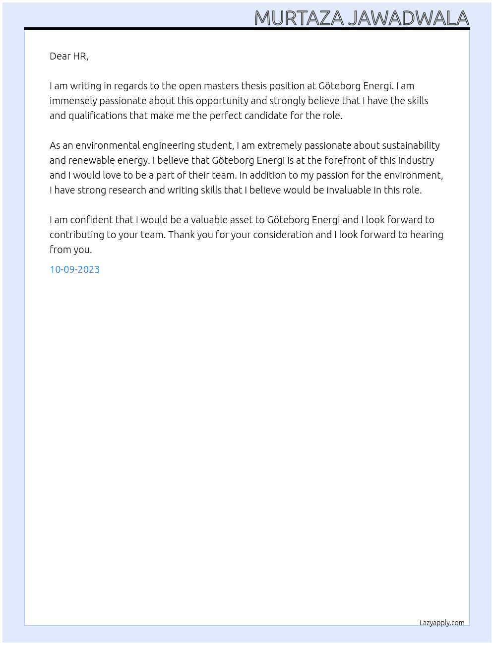 masters thesis At Göteborg Energi Cover Letter
