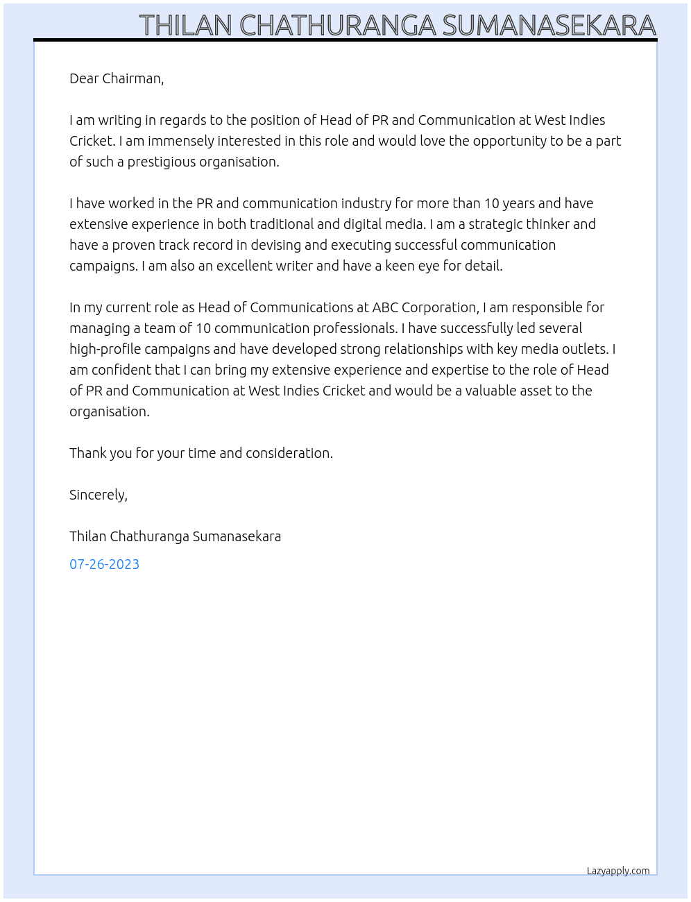 Head of PR and Communication  At West Indies Cricket  Cover Letter