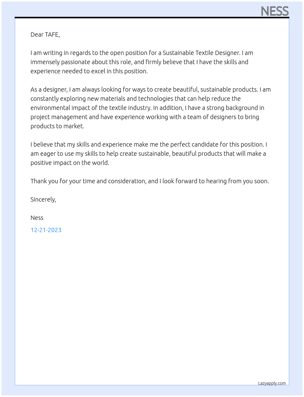 Sustainable Textile Designer At TAFE Cover Letter