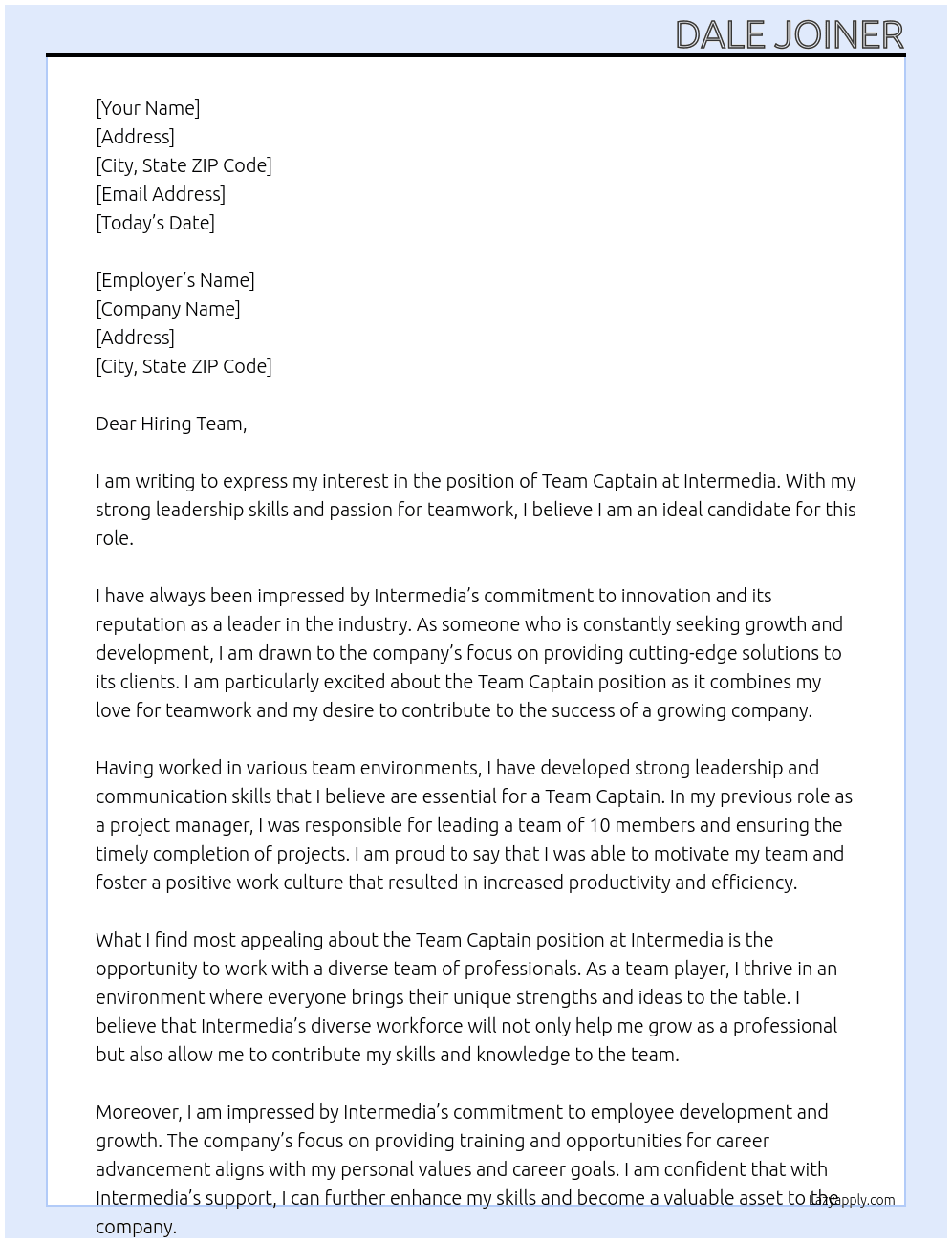 Cover letter for team captain - LazyApply