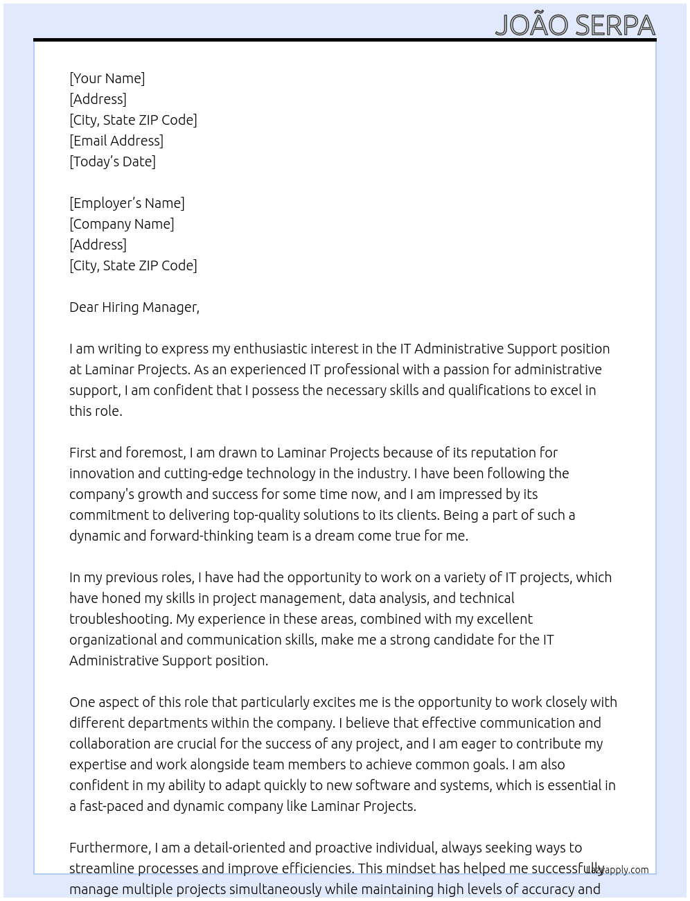IT Administrative Support At Laminar Projects Cover Letter