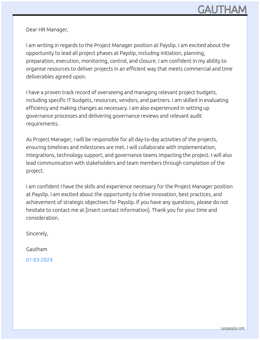 Project Manager At Payslip Cover Letter
