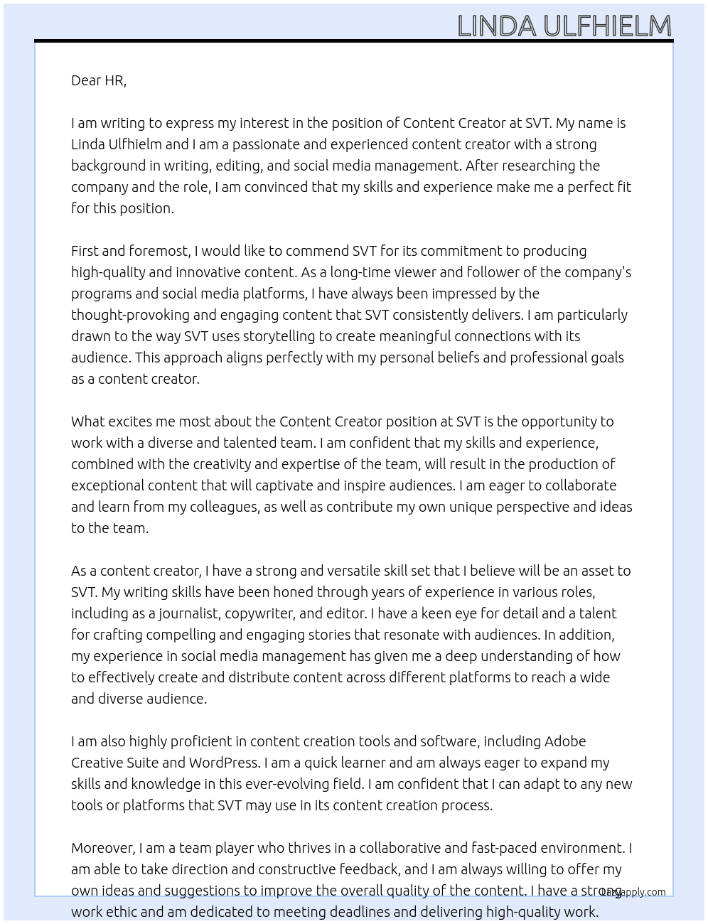 Content Creator At SVT Cover Letter