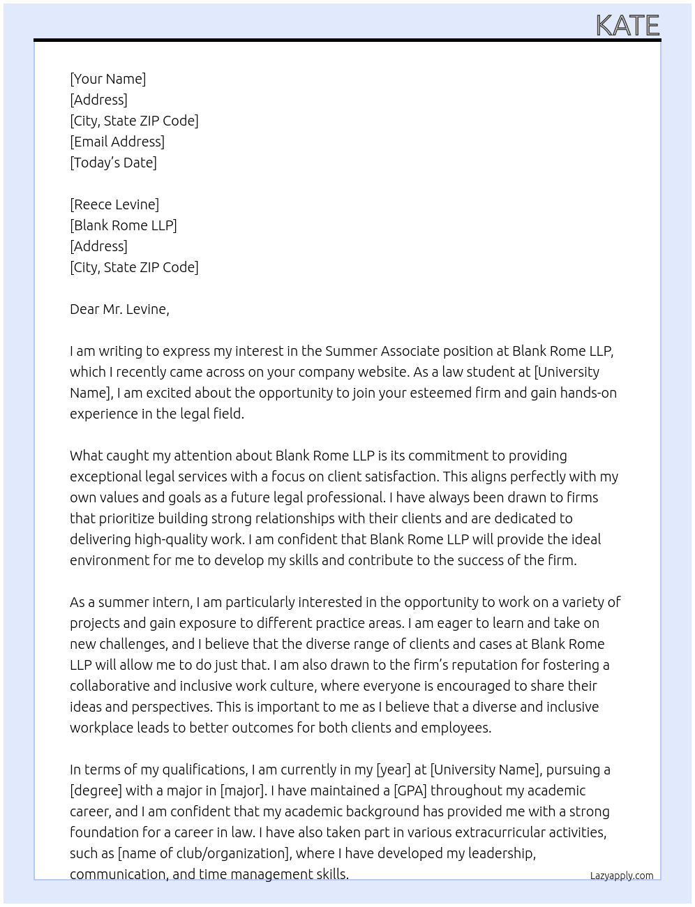 Summer Associate   At Blank Rome LLP Cover Letter