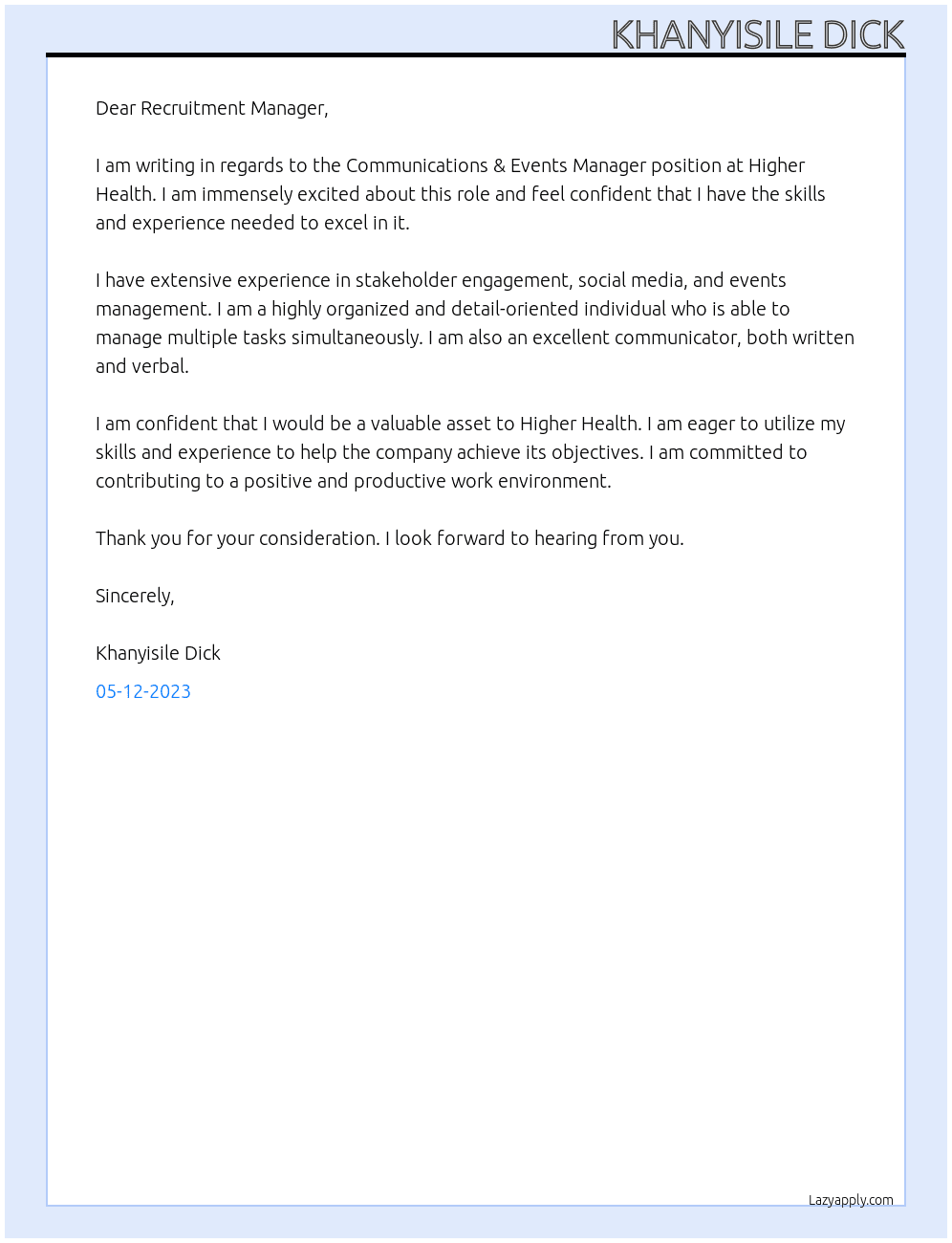 Communications & Events Manager At Higher Health Cover Letter