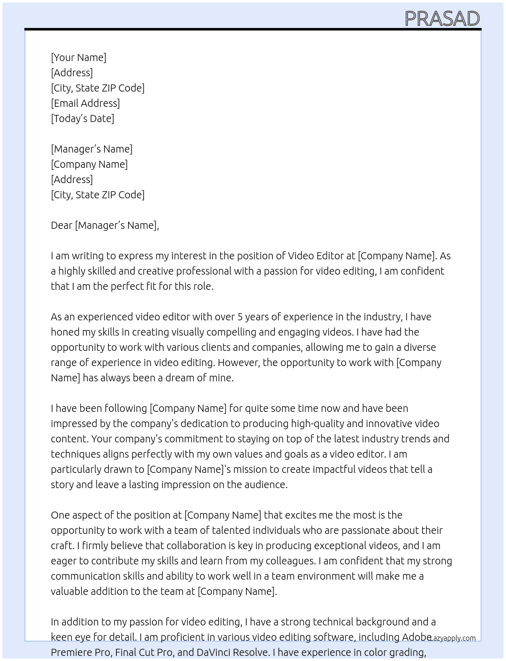 Video Editor At Video Editing Cover Letter