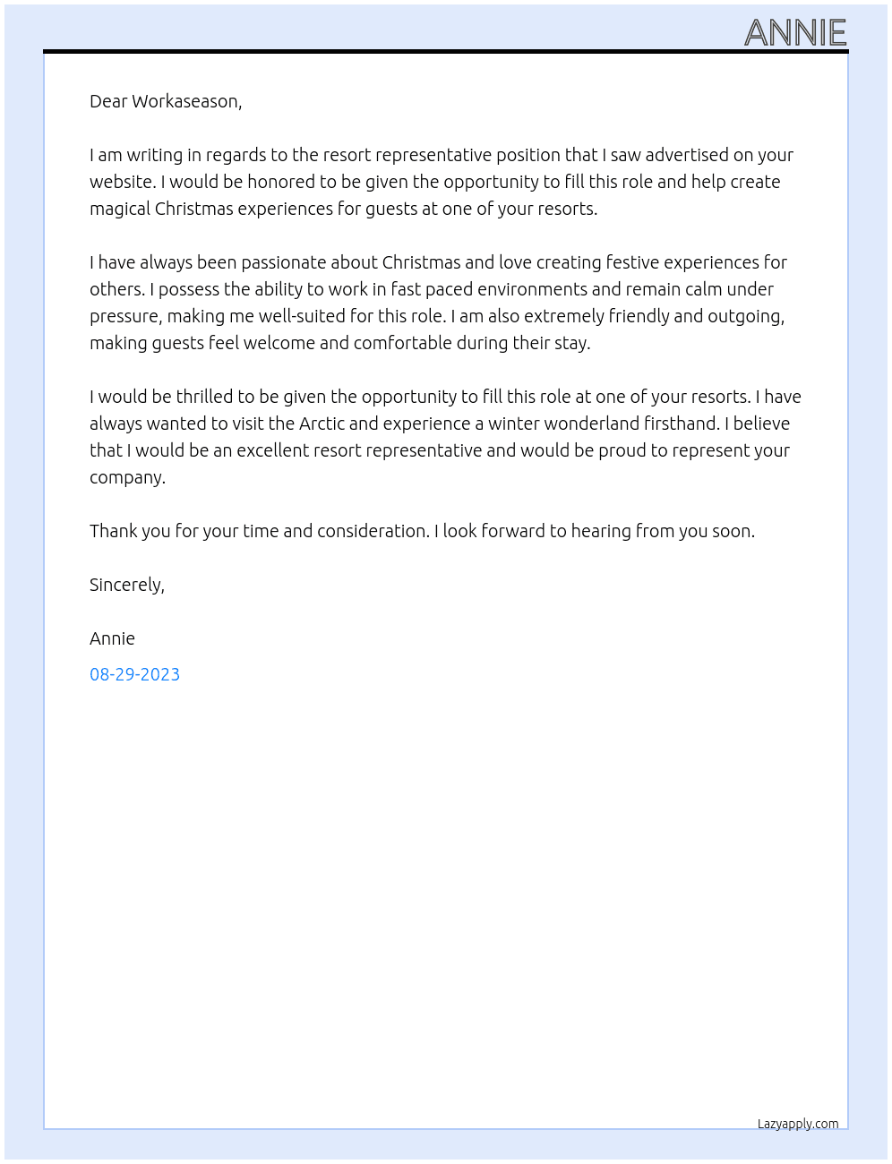 Resort representative At Workaseason Cover Letter