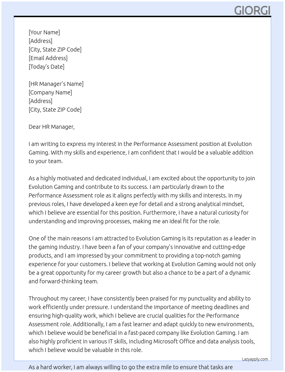 Performance assessment  At Evolution Gaming Cover Letter