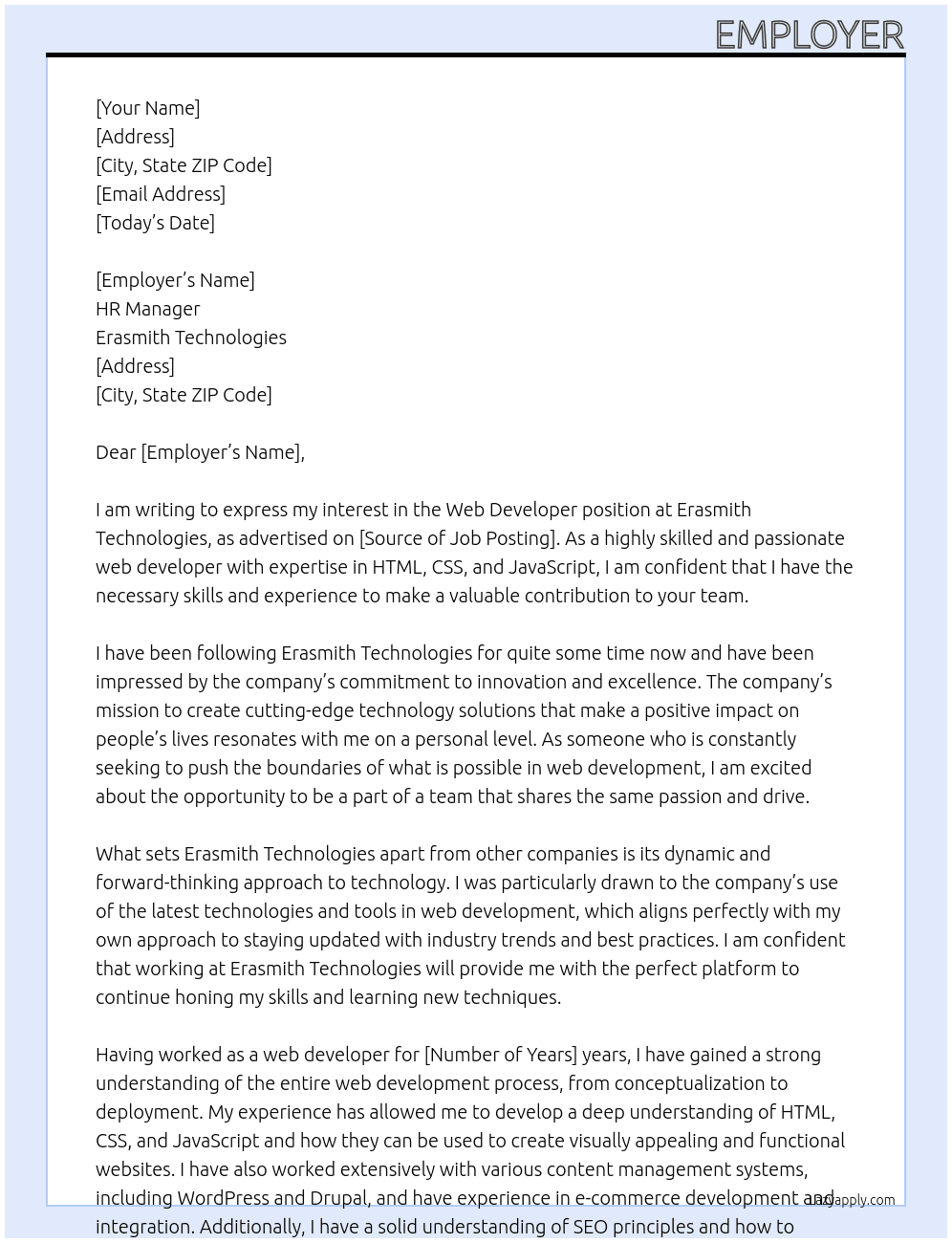 Web developer  At Erasmith Technologies Cover Letter