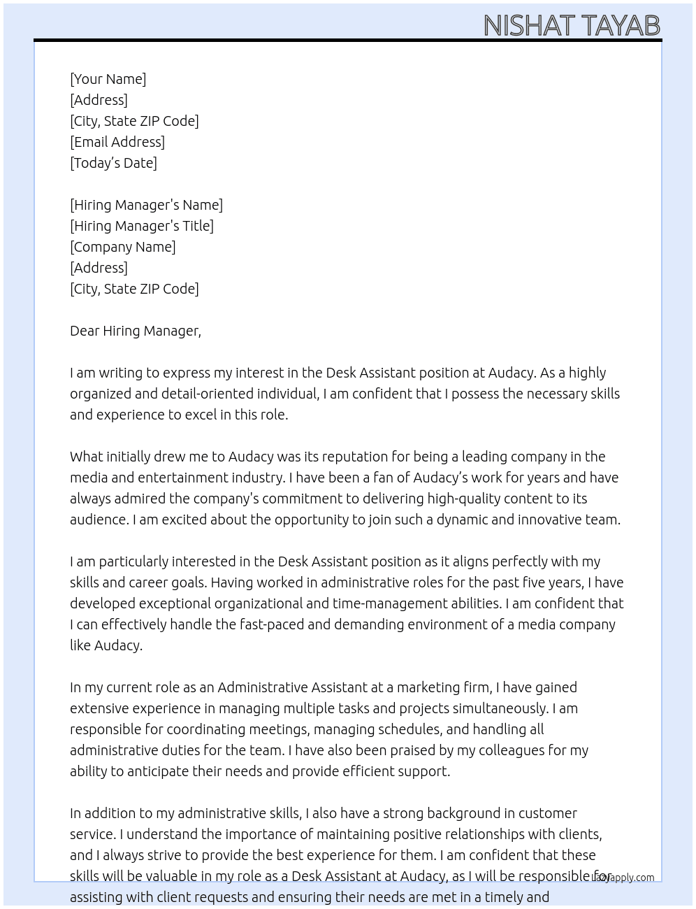 Desk Assistant At Audacy Cover Letter