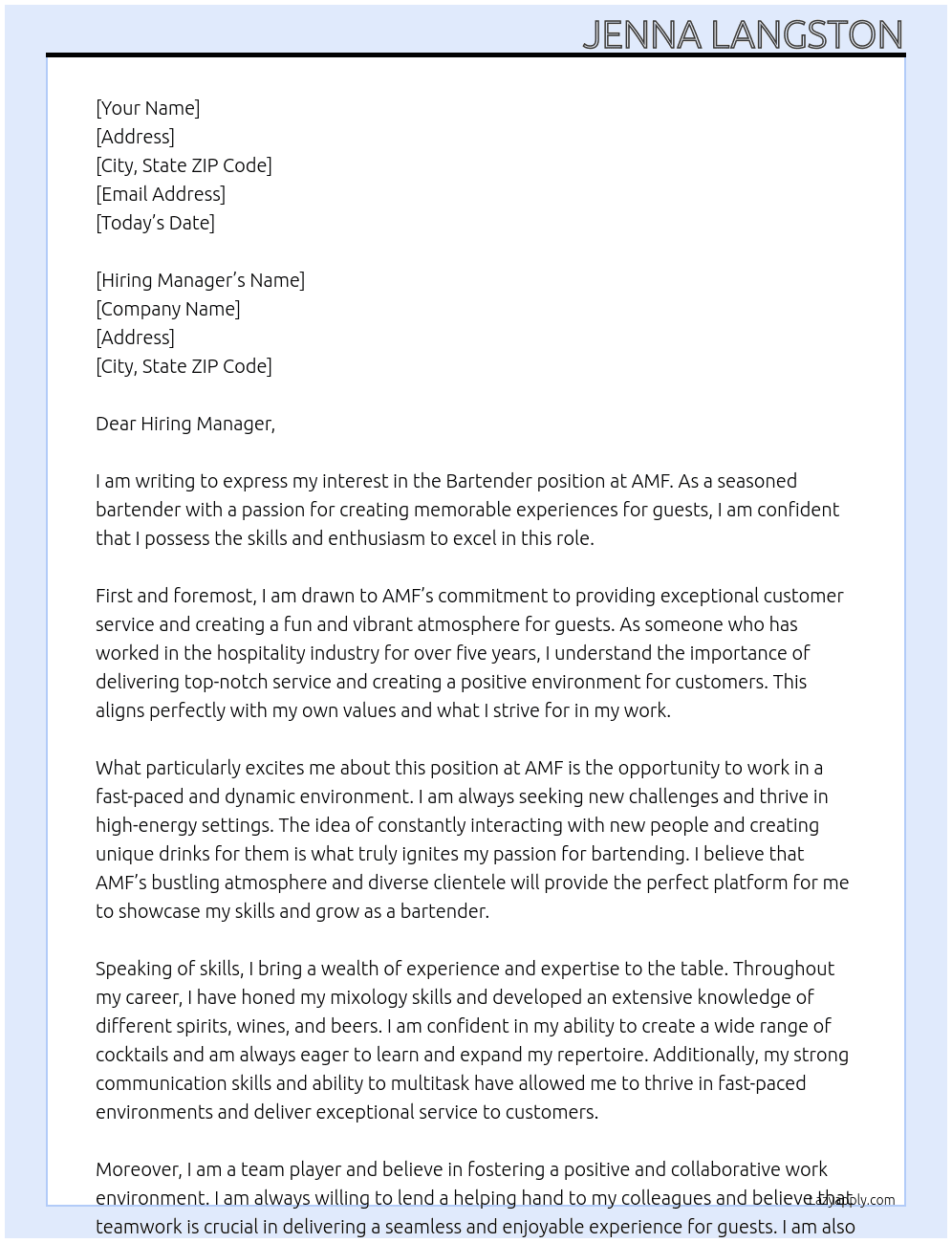 Bartender  At AMF Cover Letter