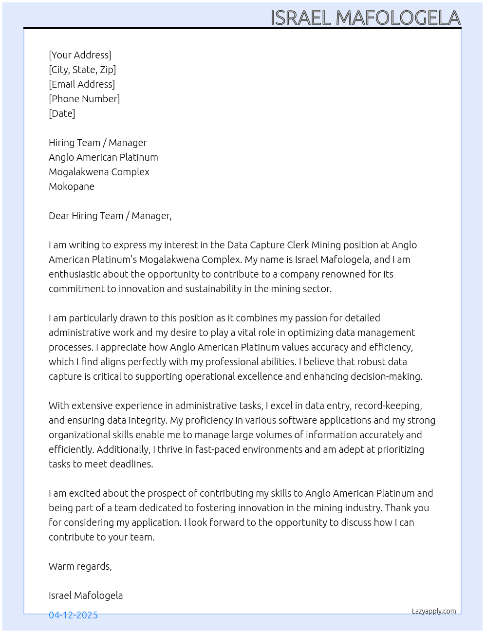 Data Capture Clerk Mining At Anglo American Platinum - Mogalakwena Complex - Mokopane Cover Letter