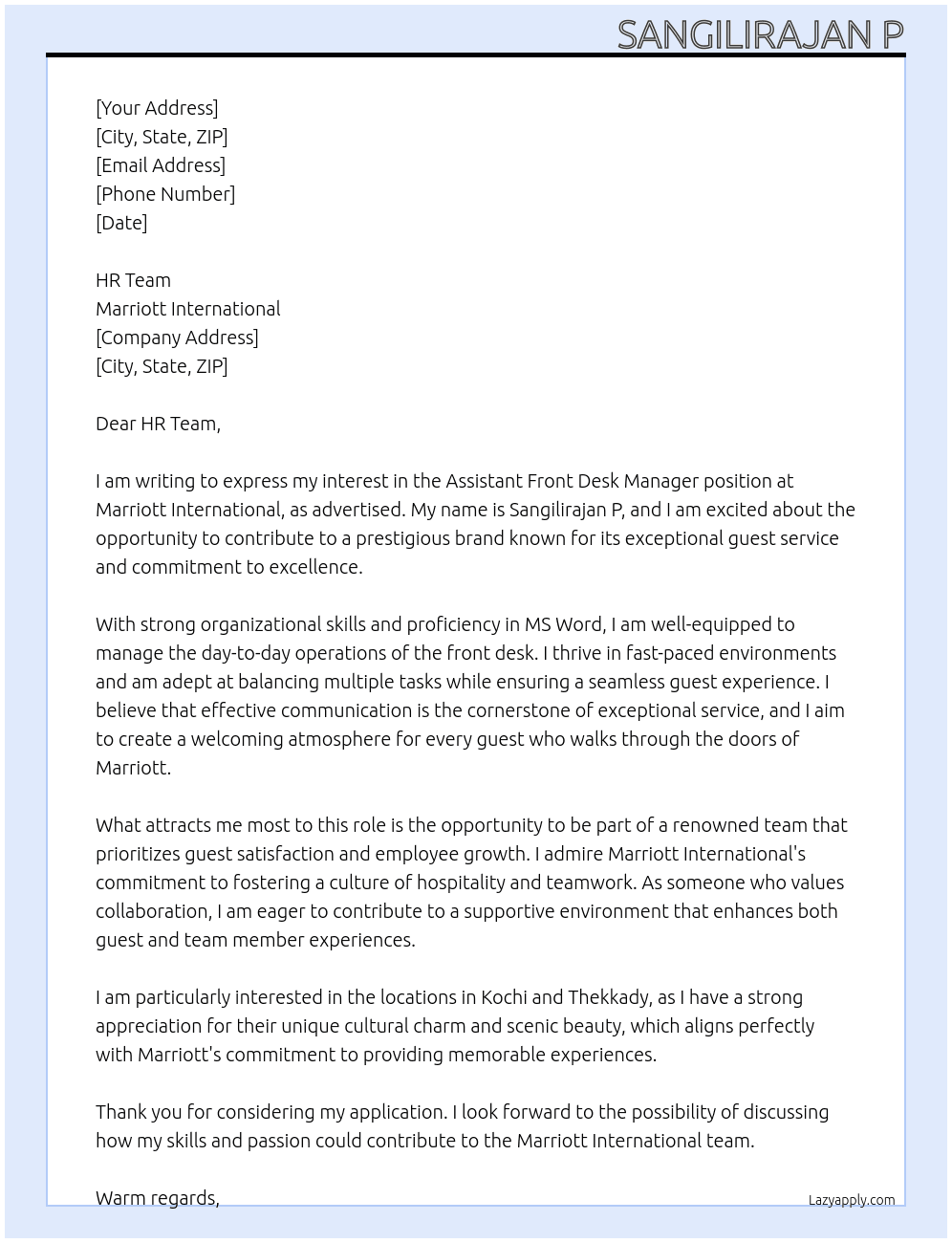 Assistant front desk manager  At Marriot international  Cover Letter