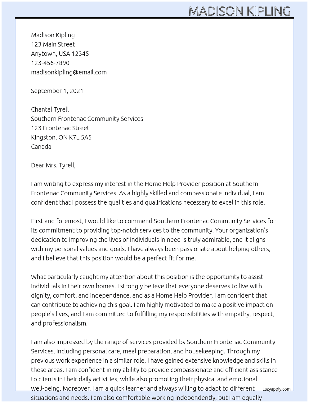 Home Help Provider At Southern Frontenac Community Services  Cover Letter