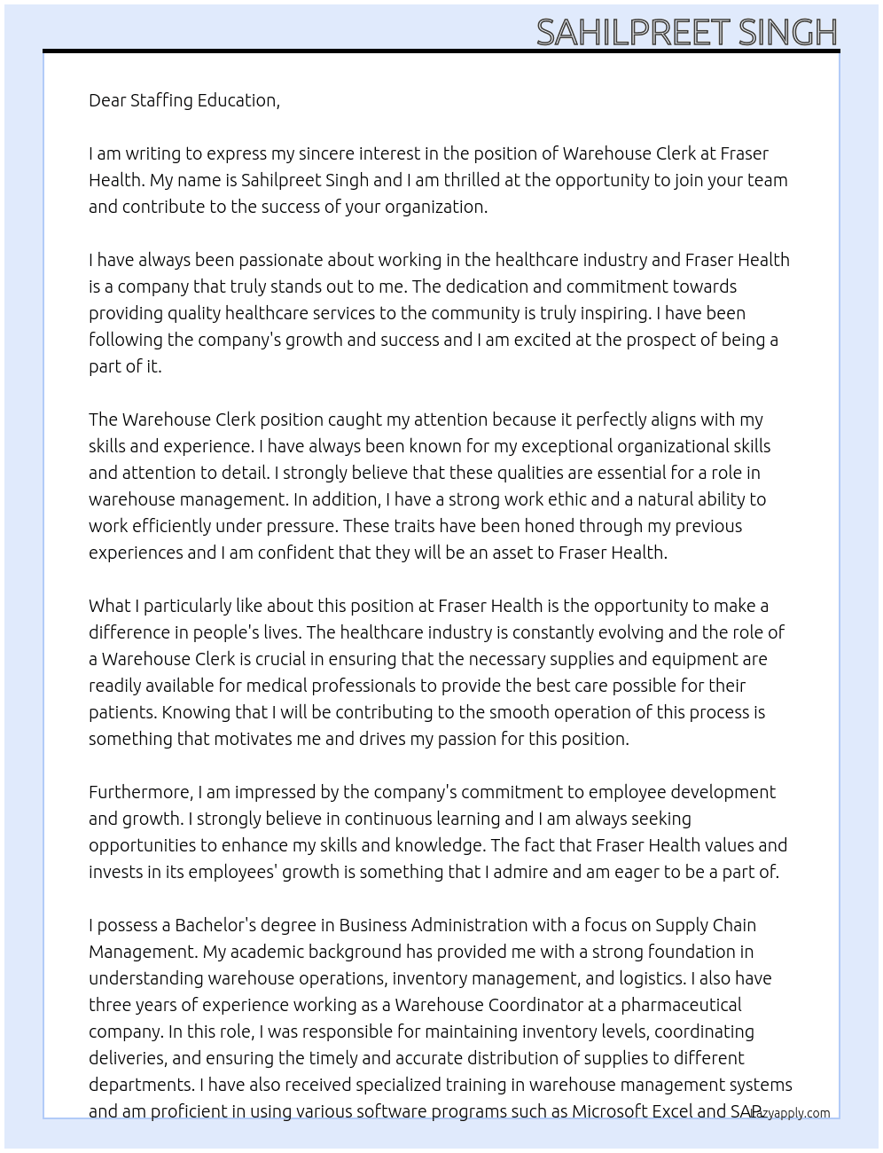 warehouse clerk At fraser health Cover Letter