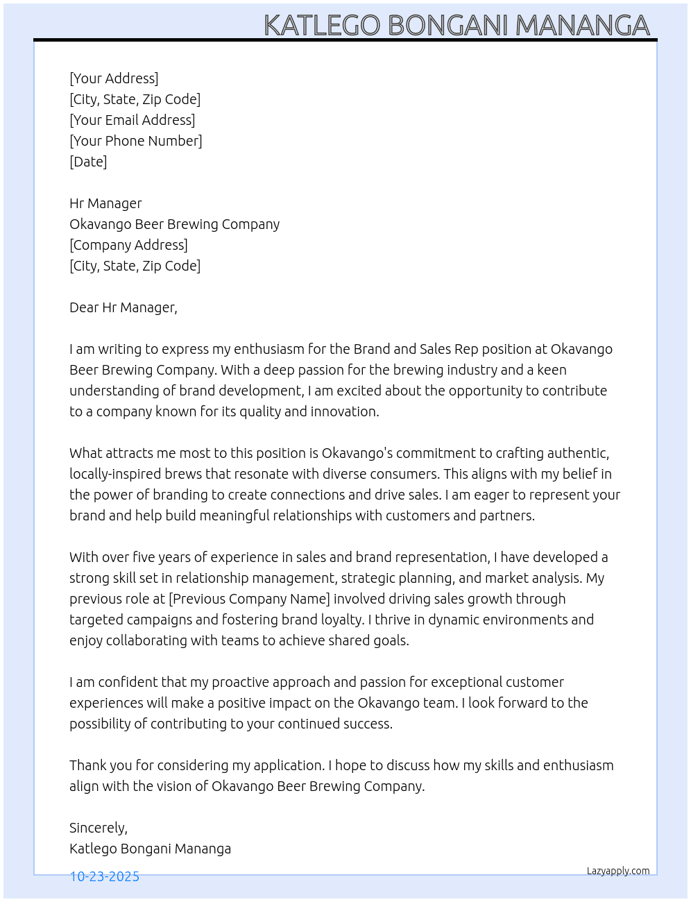Brand and Sales Rep At Okavango Beer Brewing Company Cover Letter