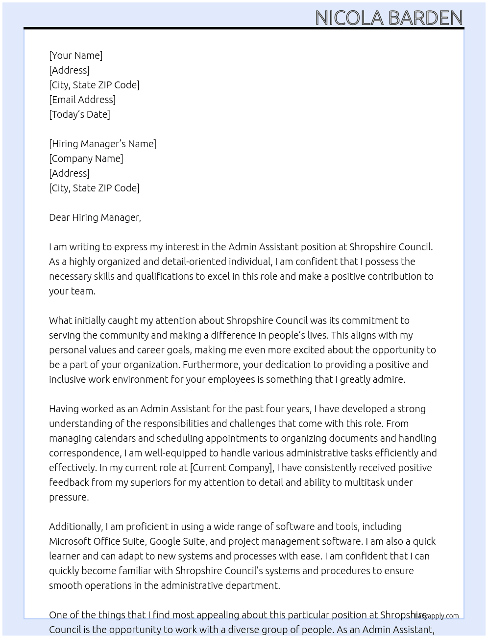 Admin Assistant At Shropshire Council Cover Letter