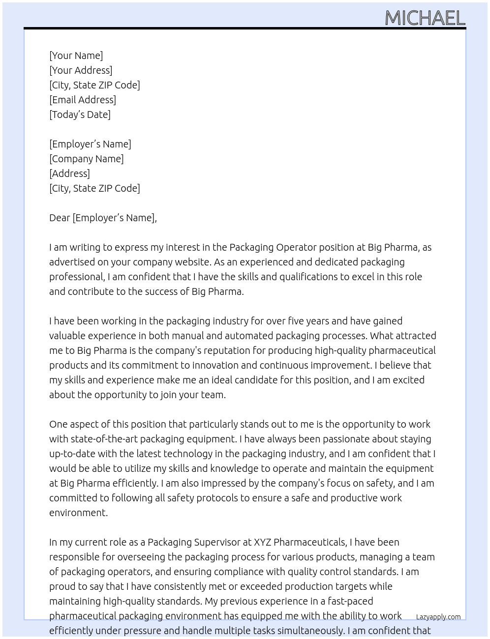 packaging operator At big pharma Cover Letter