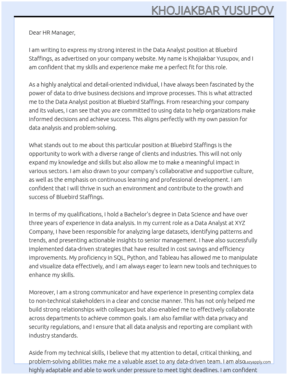 Data Analyst At Bluebird Staffings Cover Letter