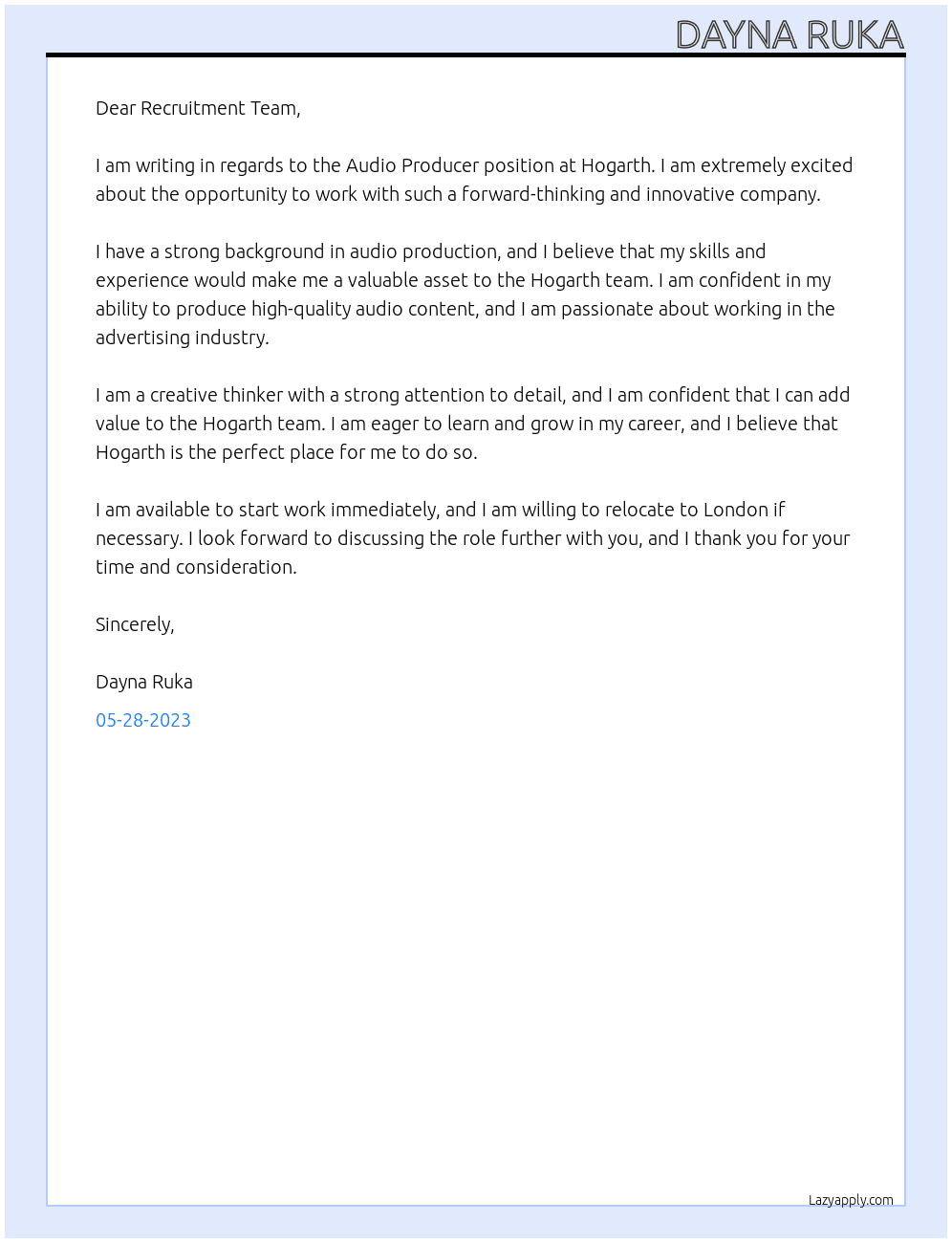 Audio Producer At Hogarth Cover Letter