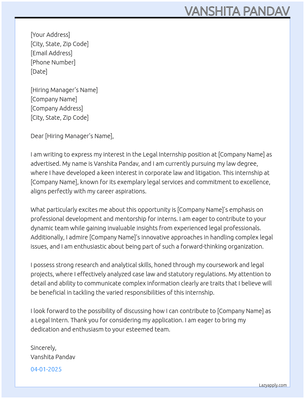 legal internship At any Cover Letter