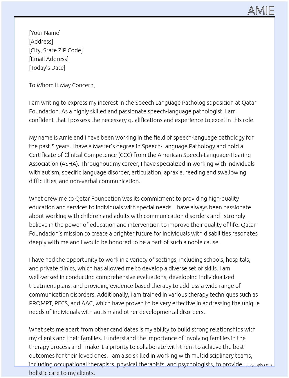 Speech Language Pathologist At Qatar Foundation Cover Letter