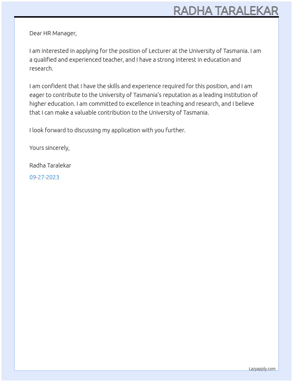 Lecturer At University of Tasmania Cover Letter
