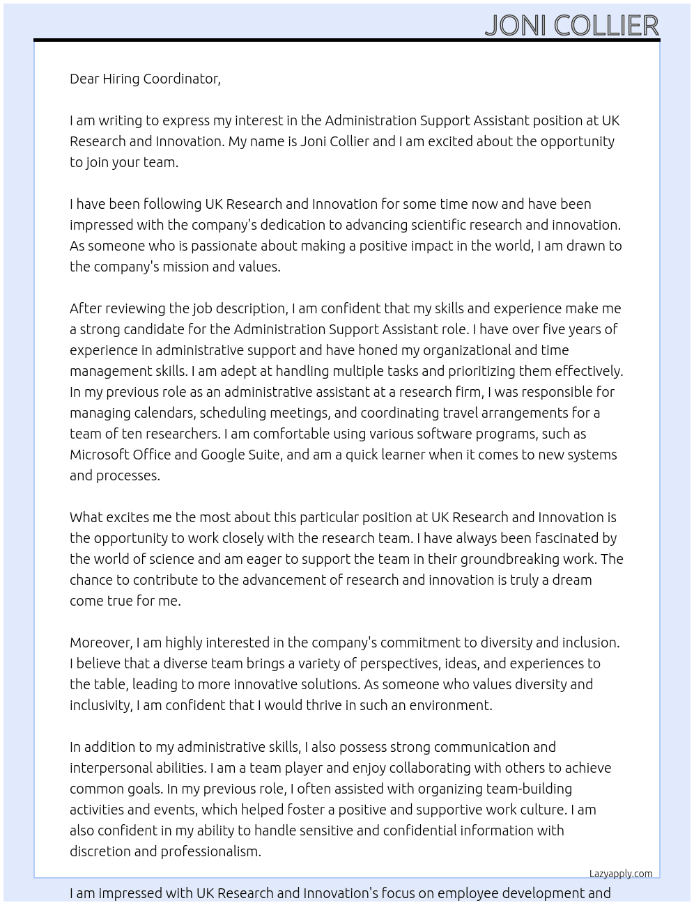 Administration Support Assistant At Uk research and innovation  Cover Letter