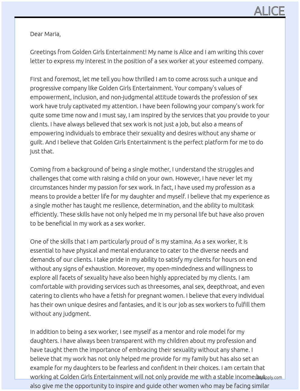 Sex worker At Golden Girls Entertainment  Cover Letter