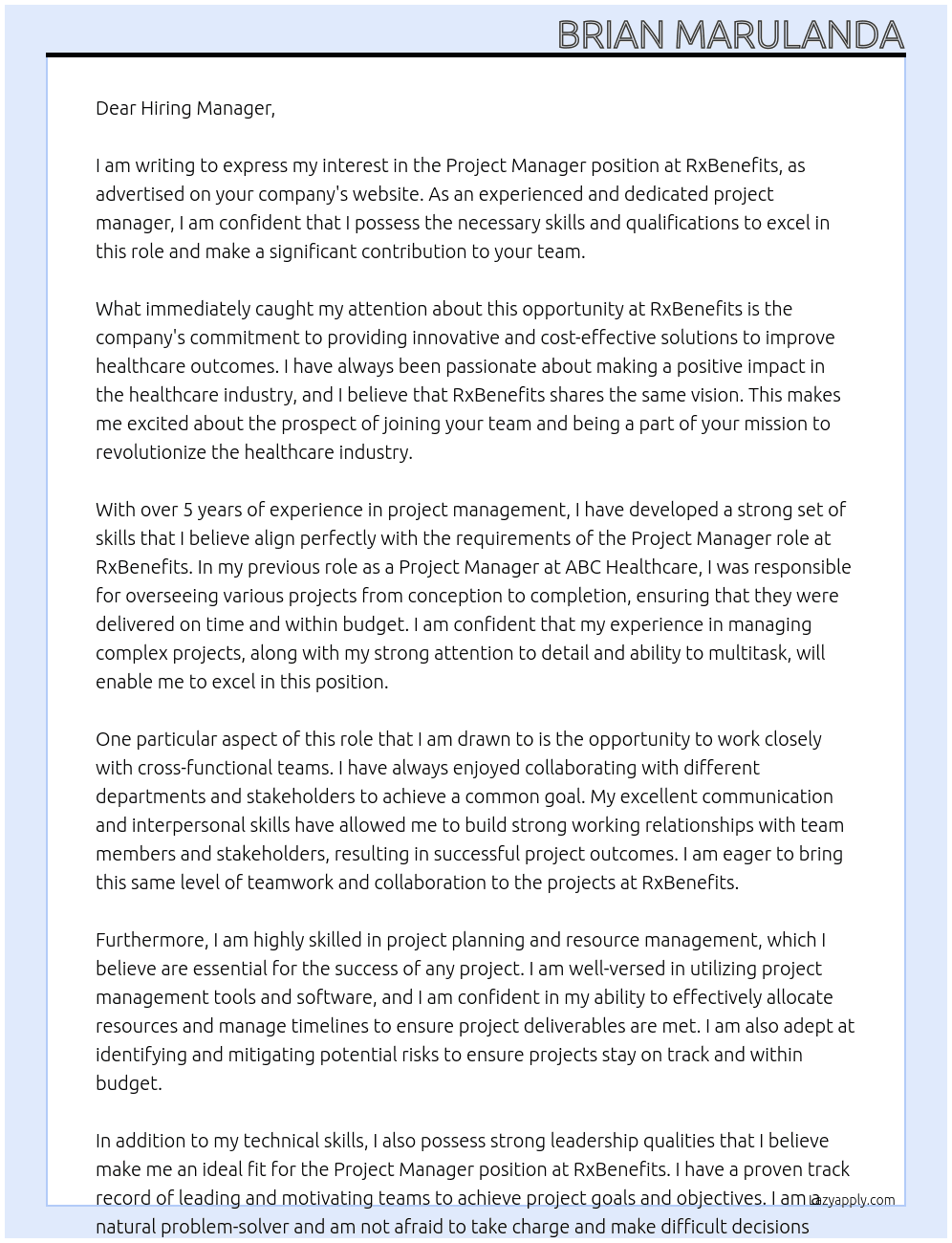 Project Manager At RxBenefits Cover Letter