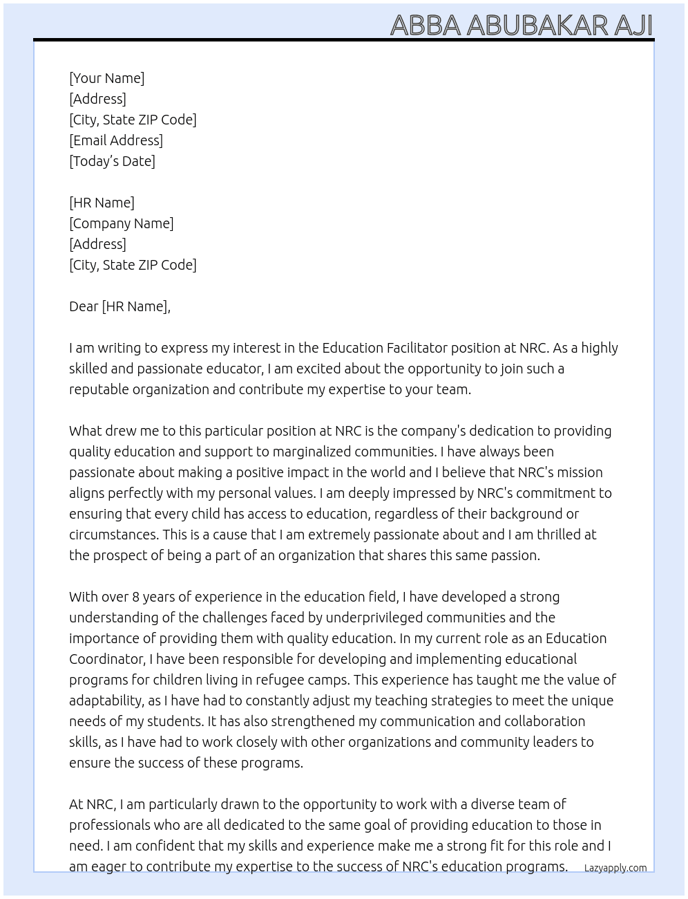 Education Facilitator At NRC Cover Letter
