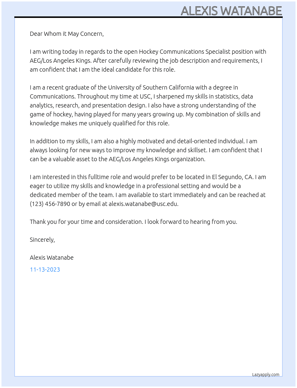 Hockey Communications Specialist At AEG/Los Angeles Kings Cover Letter