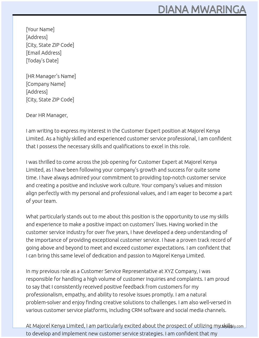Customer Expert At Majorel Kenya Limited Cover Letter