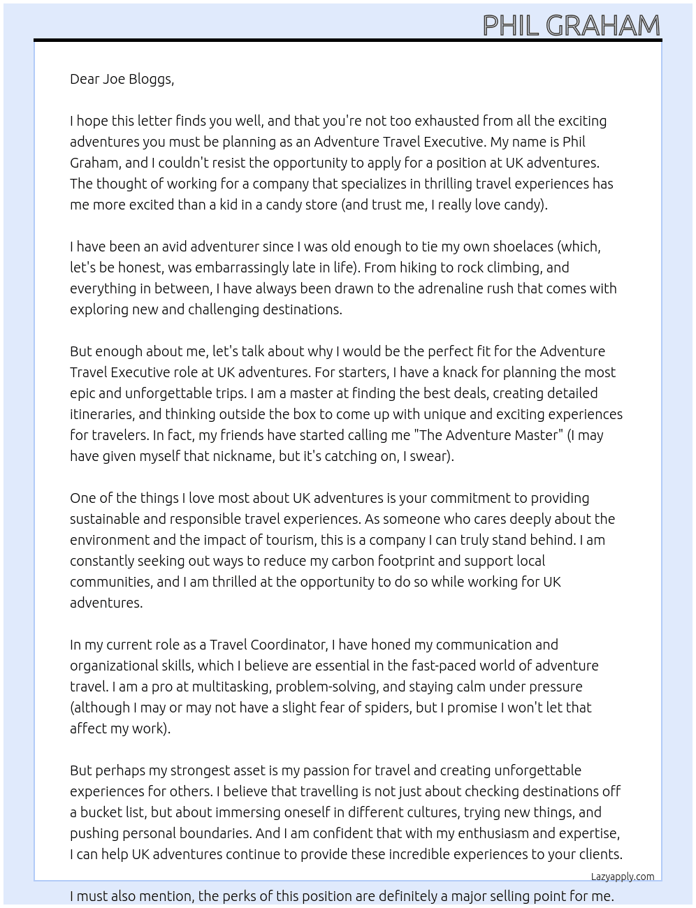 Adventure Travel Executive At UK adventures Cover Letter