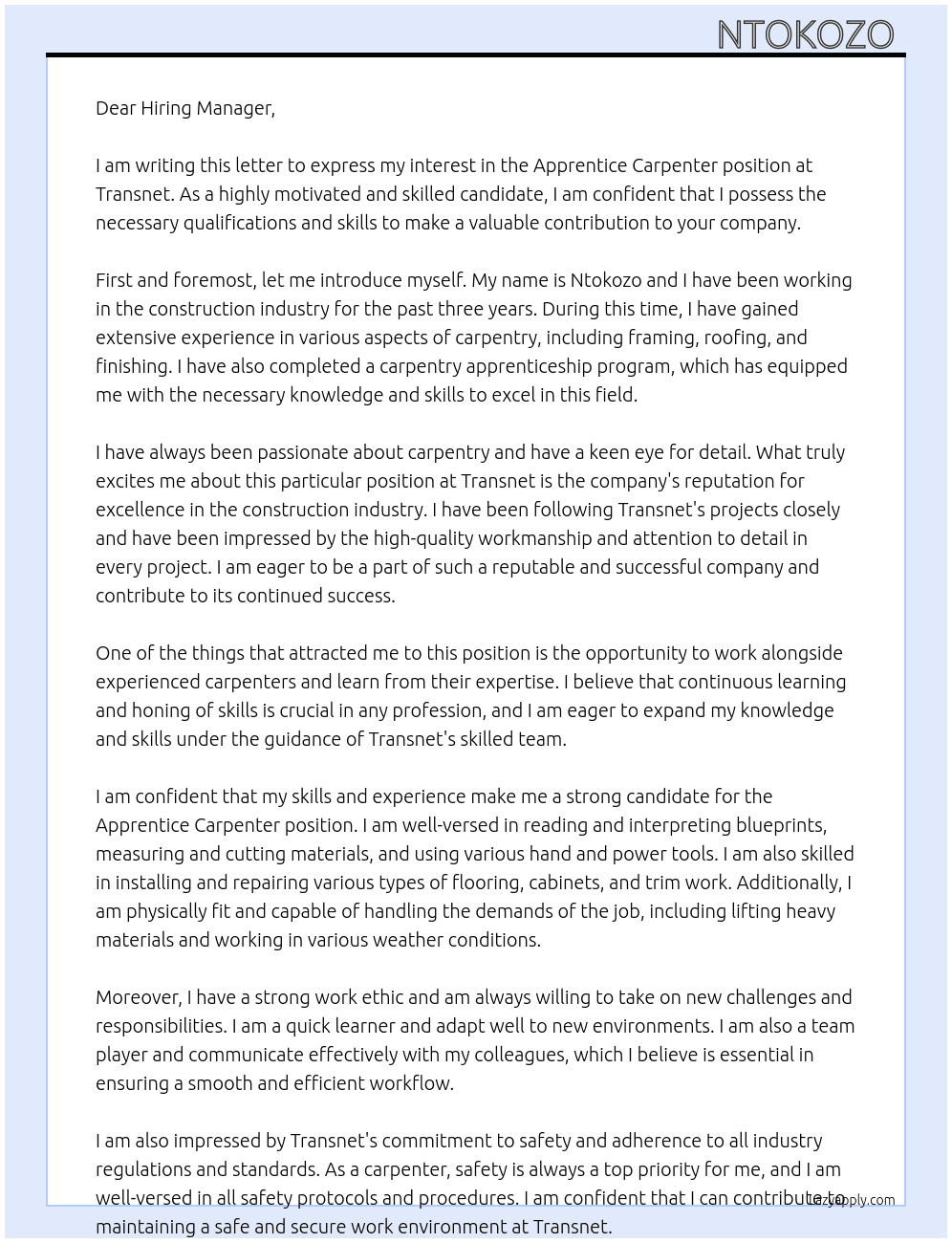 Apprentice Carpenter  At Transnet Cover Letter