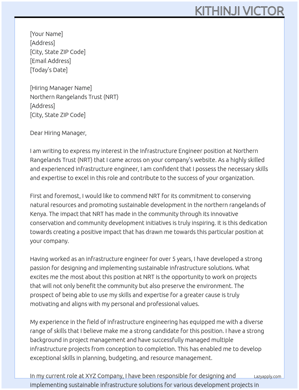 Infrastructure Engineer At Northern Rangelands Trust (NRT) Cover Letter