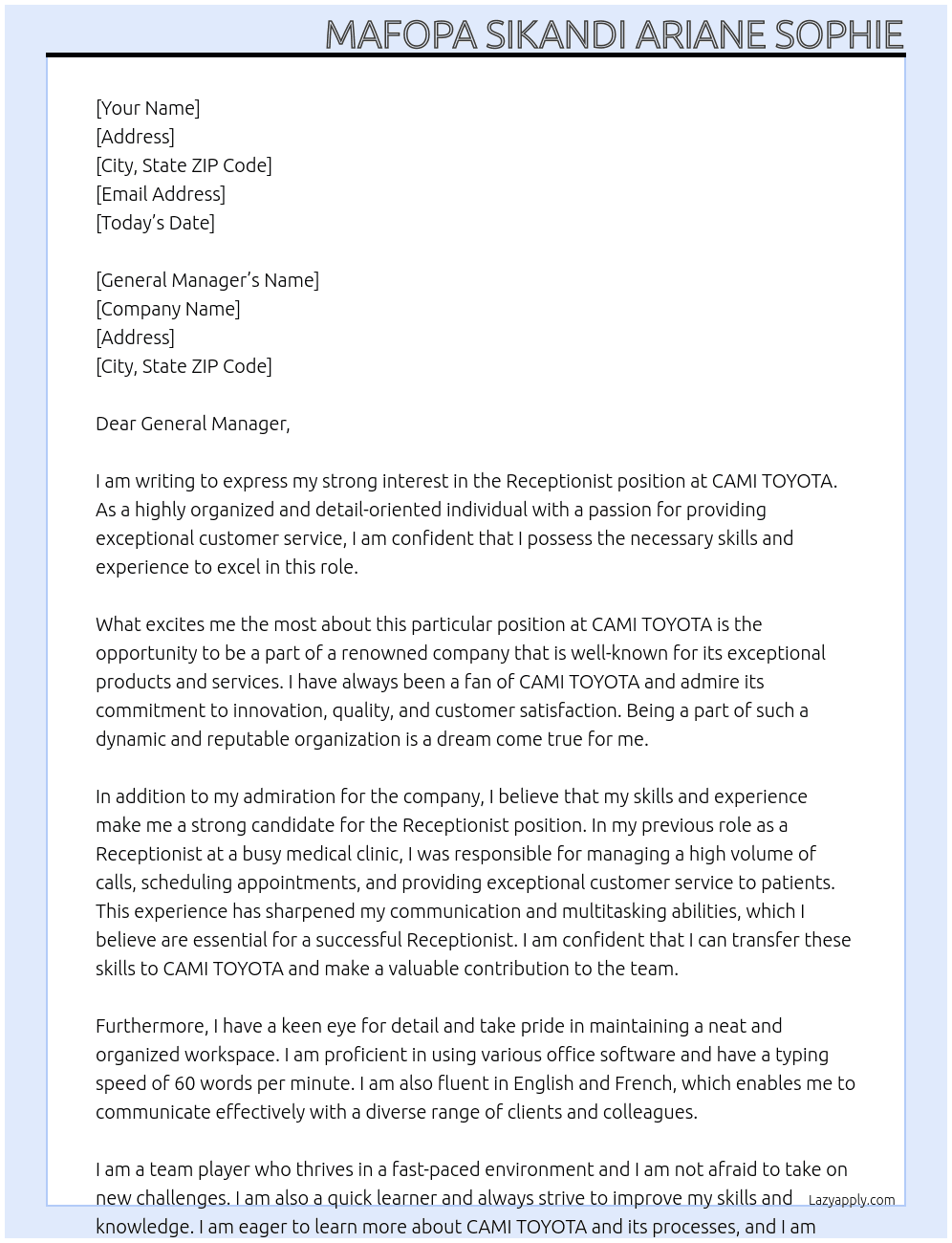 Receptionist At CAMI TOYOTA Cover Letter