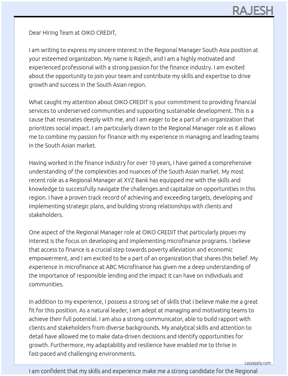 Regional Manager South Asia At OIKO CREDIT Cover Letter