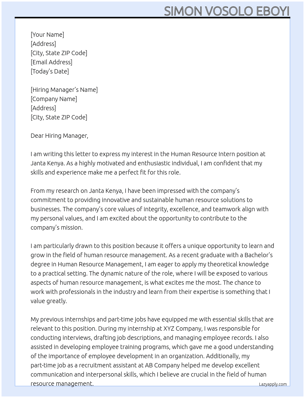  Human Resource Intern At Janta Kenya Cover Letter
